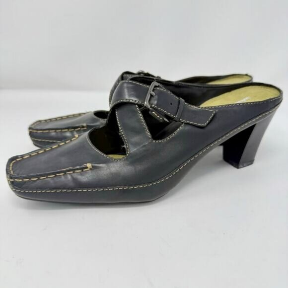 Vintage Y2K What's What Square Toe Heeled Mules 9 Buckle, Moc Stitch New In Box! - Picture 3 of 6